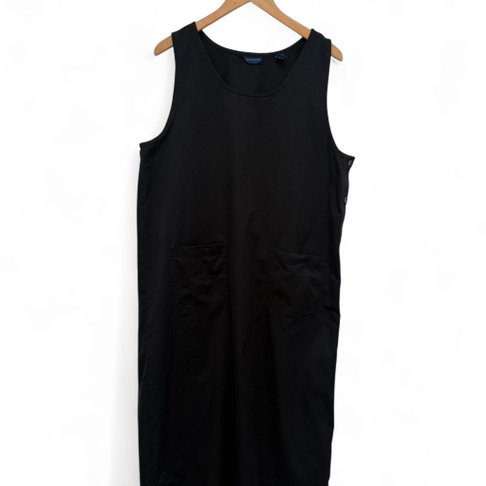 Vintage Karen Scott Black Cotton Sleeveless Side Button Midi Dress Pockets XL